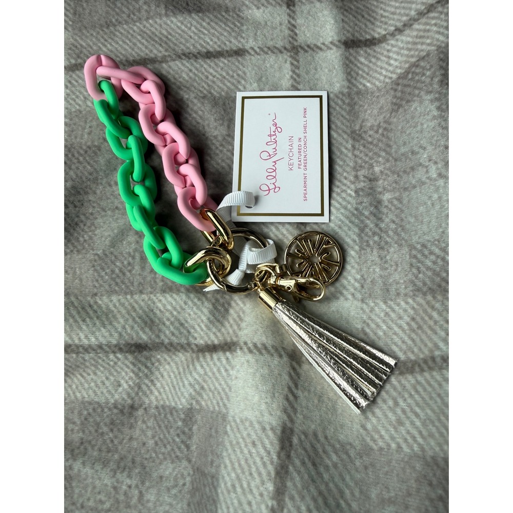 Lilly Pulitzer Keychain Spearmint Green Conch Shell Pink Resin Link Tassel New - Picture 6 of 7